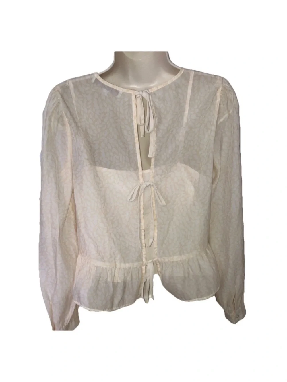 Ann Taylor LOFT Women’s S Feather Print Tie Back Peplum Blouse In Ecru Cloud $70